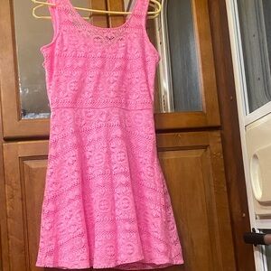 Bright Pink Lace Overlay Juniors Size 7 Dress Summer Barbiecore Wedding Guest
